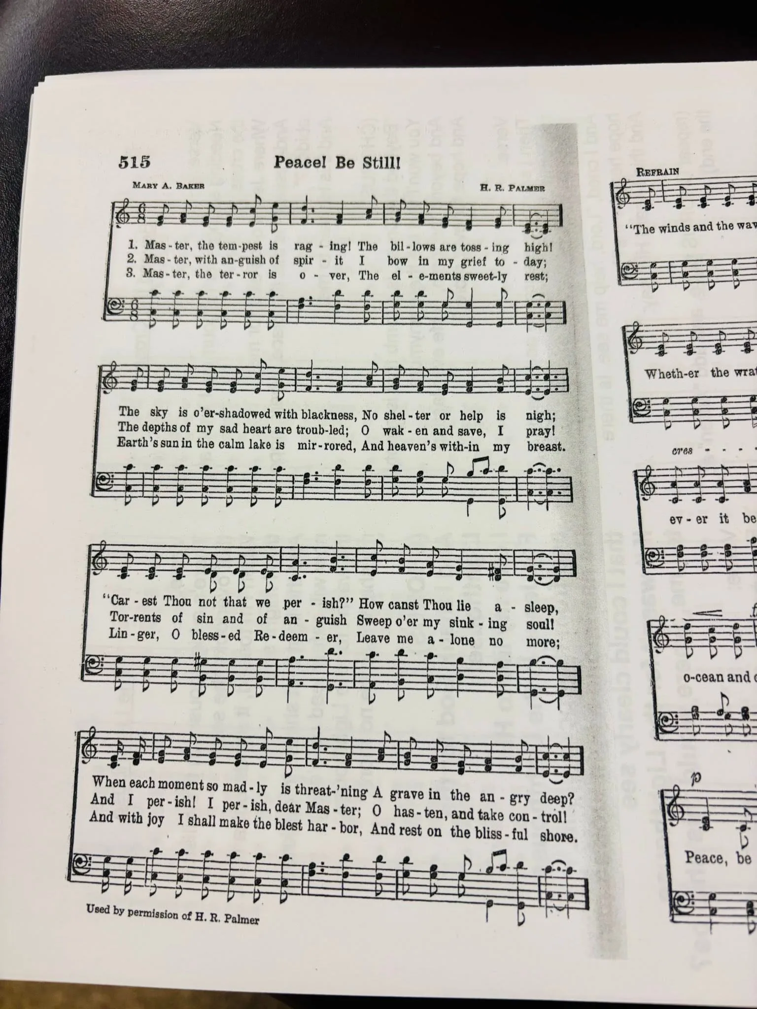 A page from the assembly's hymnal, "Peace! Be Still!"