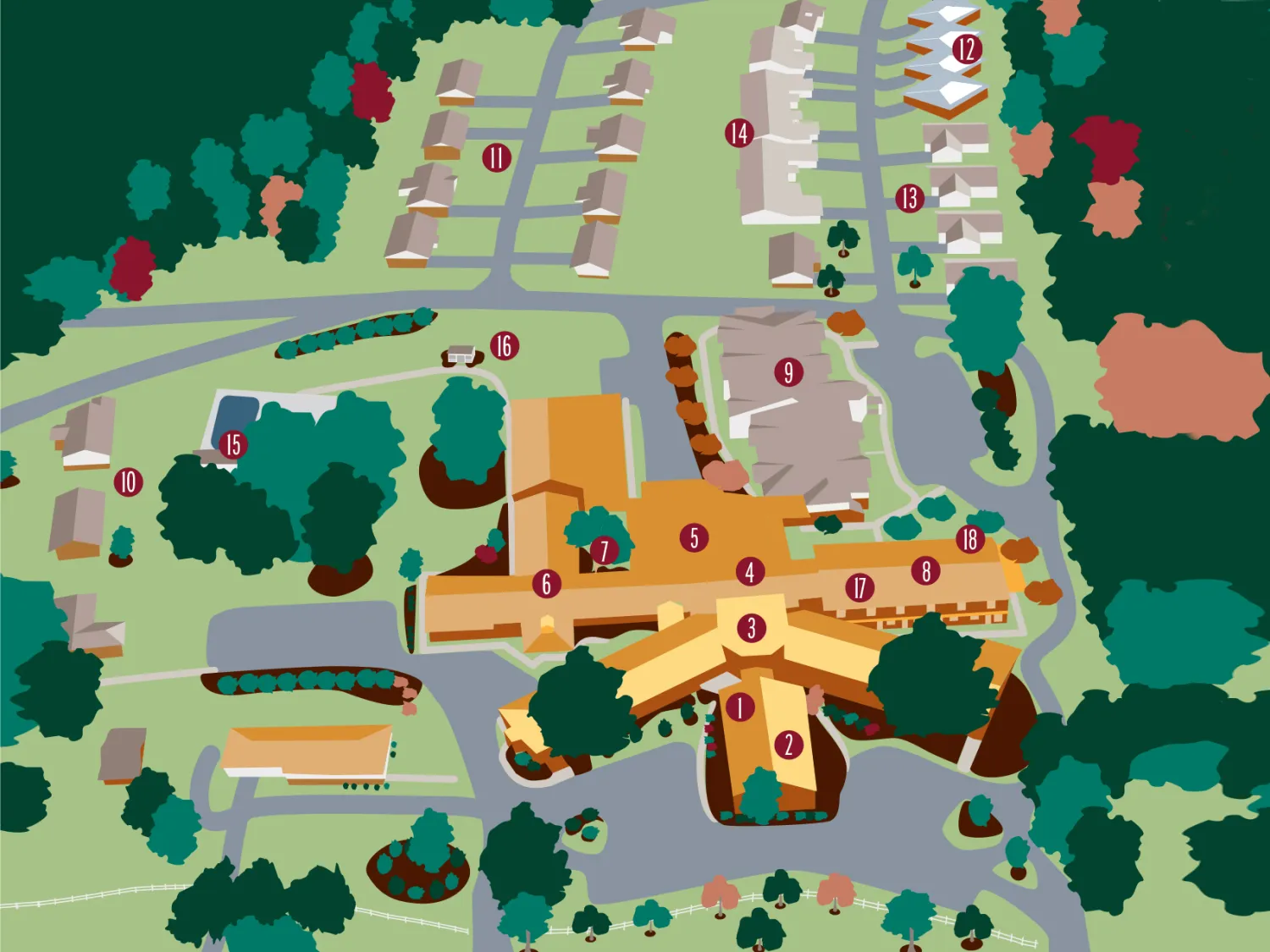 Illustrated campus map with buildings and amenities numbered 1 through 18